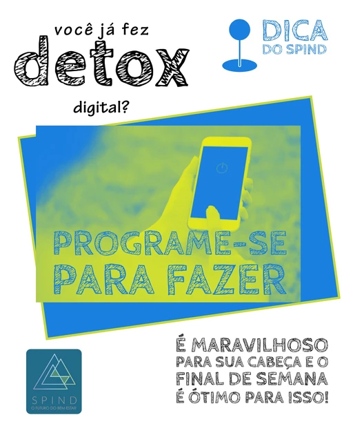 Uma foto em recorte de uma pessoa desligando o celular e os textos do título ao redor.